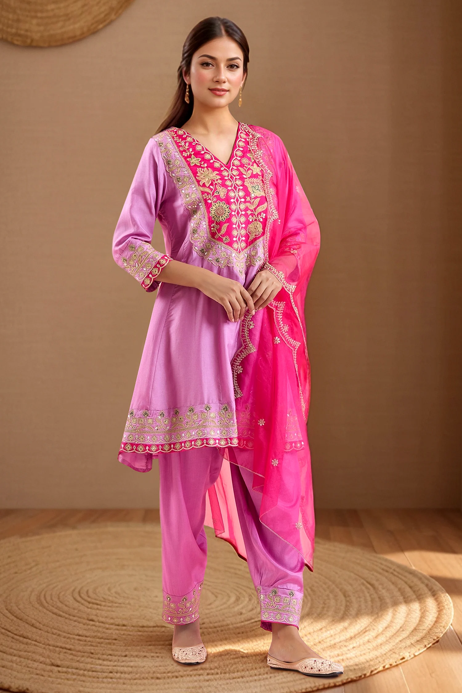 Purple Silk, Organza, Satin Sequins, Embroidery Round Neck Anarkali Pant Set