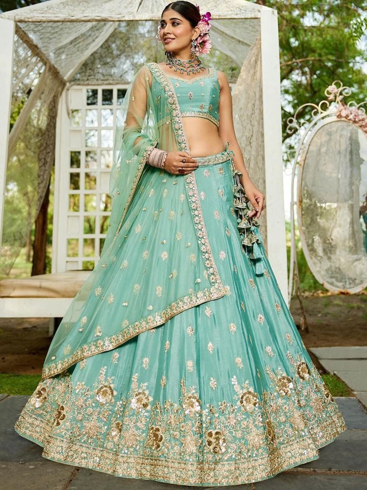 Sea Green Chinnon Sequin Embroidery Semi Stitched Lehenga & Choli with Dupatta (Set of 3)