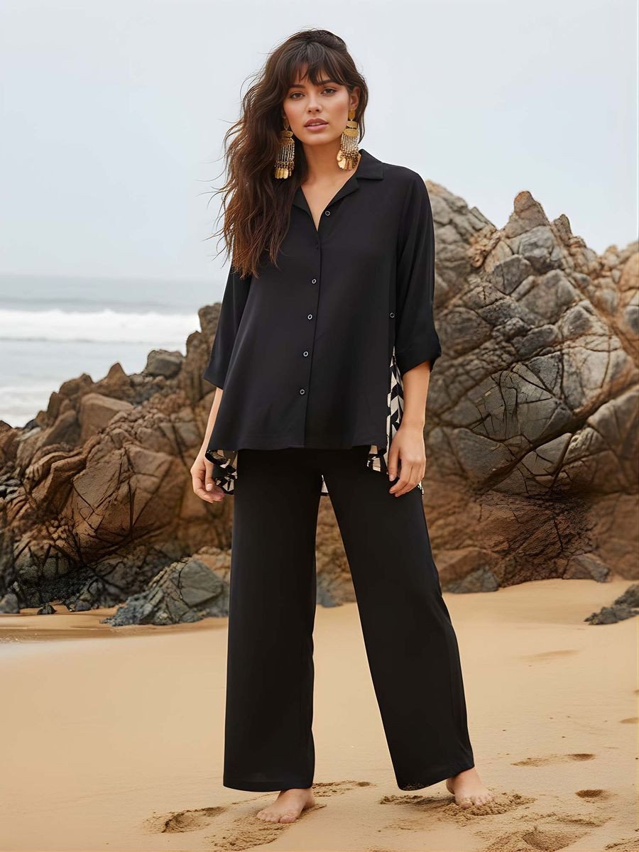Women Black Viscose Rayon Collar Neck Co-Ord Set