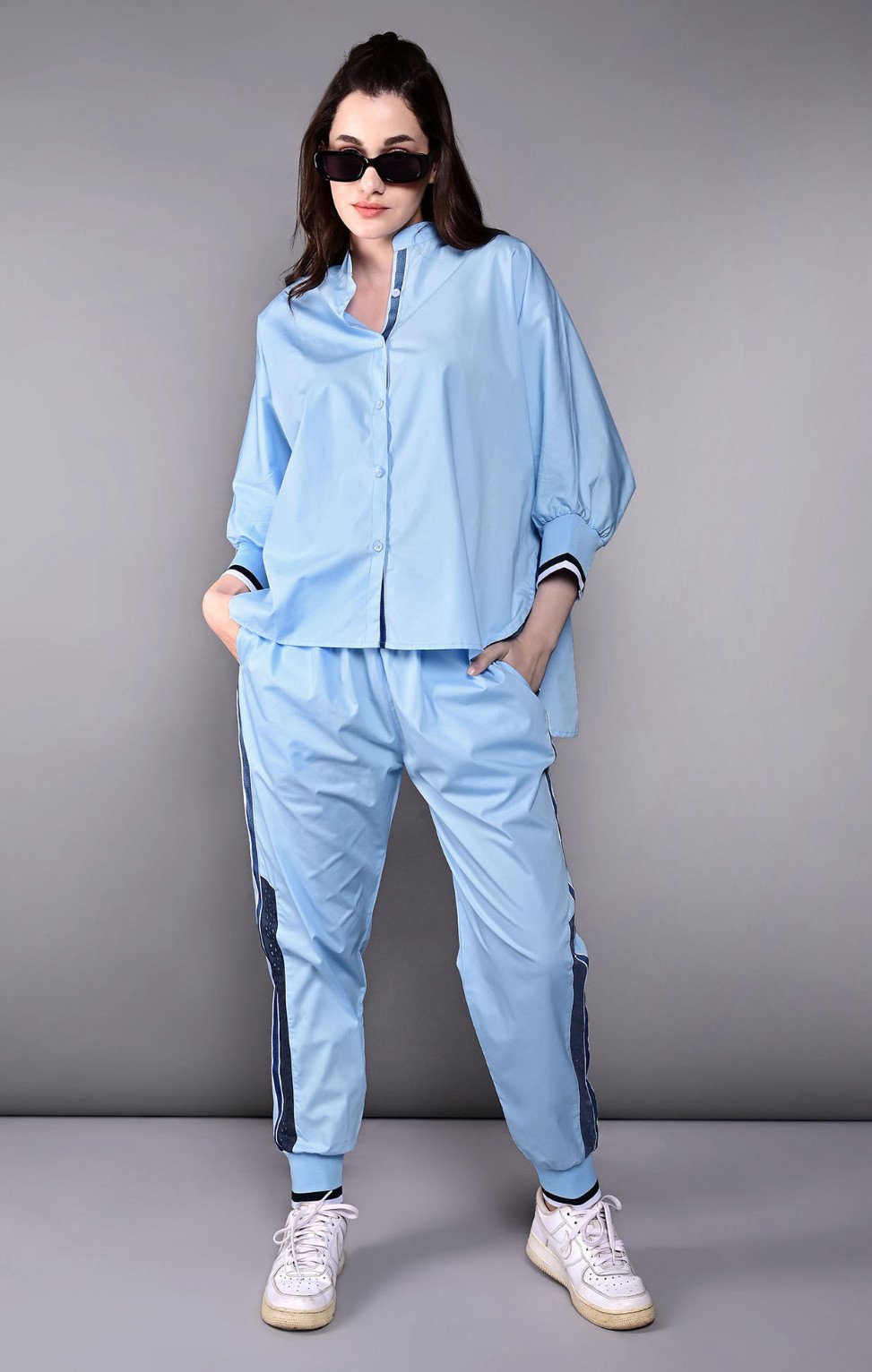 Blue Solid Accented Tracksuit (Set of 2)