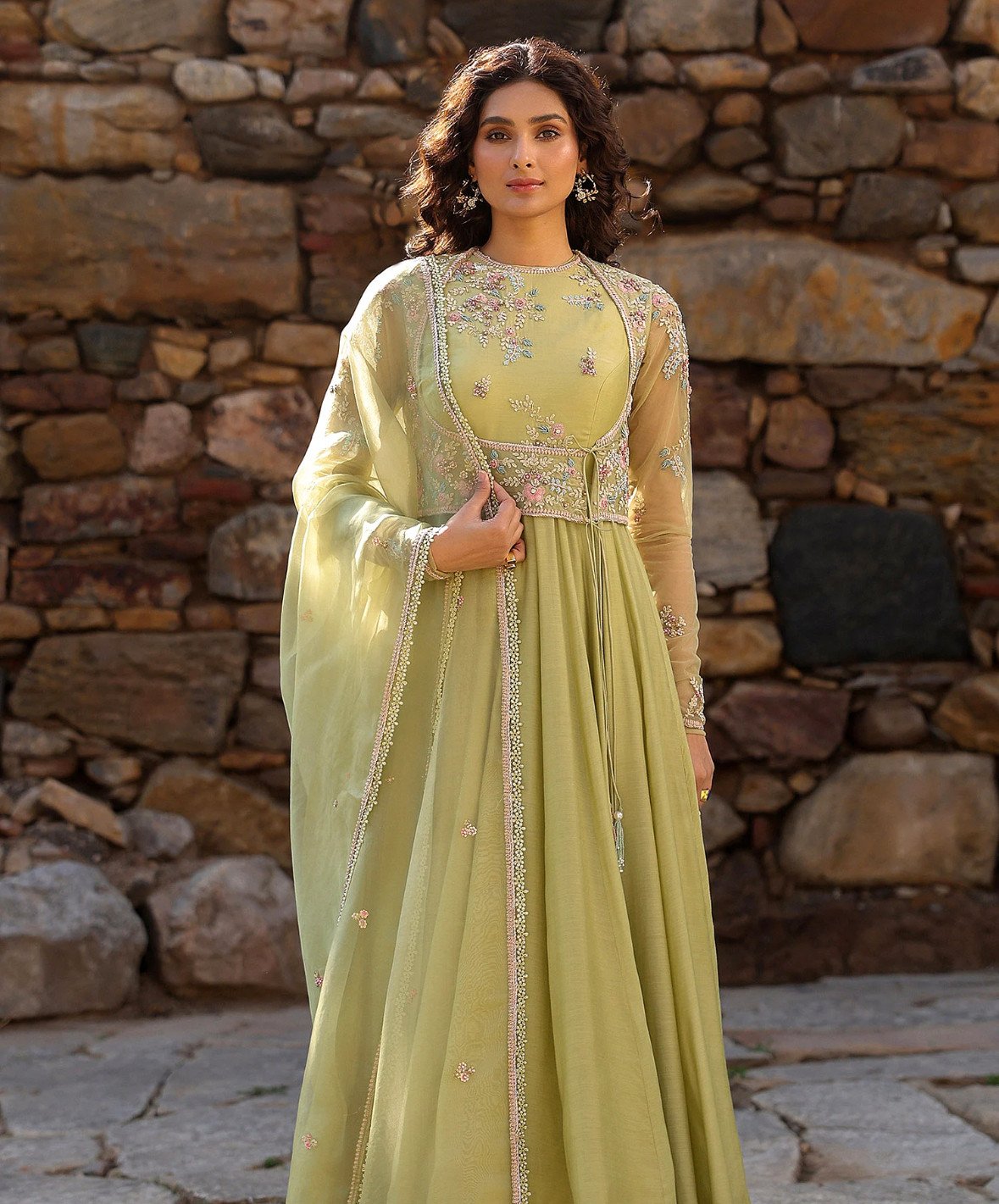 Green Silk, Modal Embroidery, Zari Round Neck Resham Anarkali Set