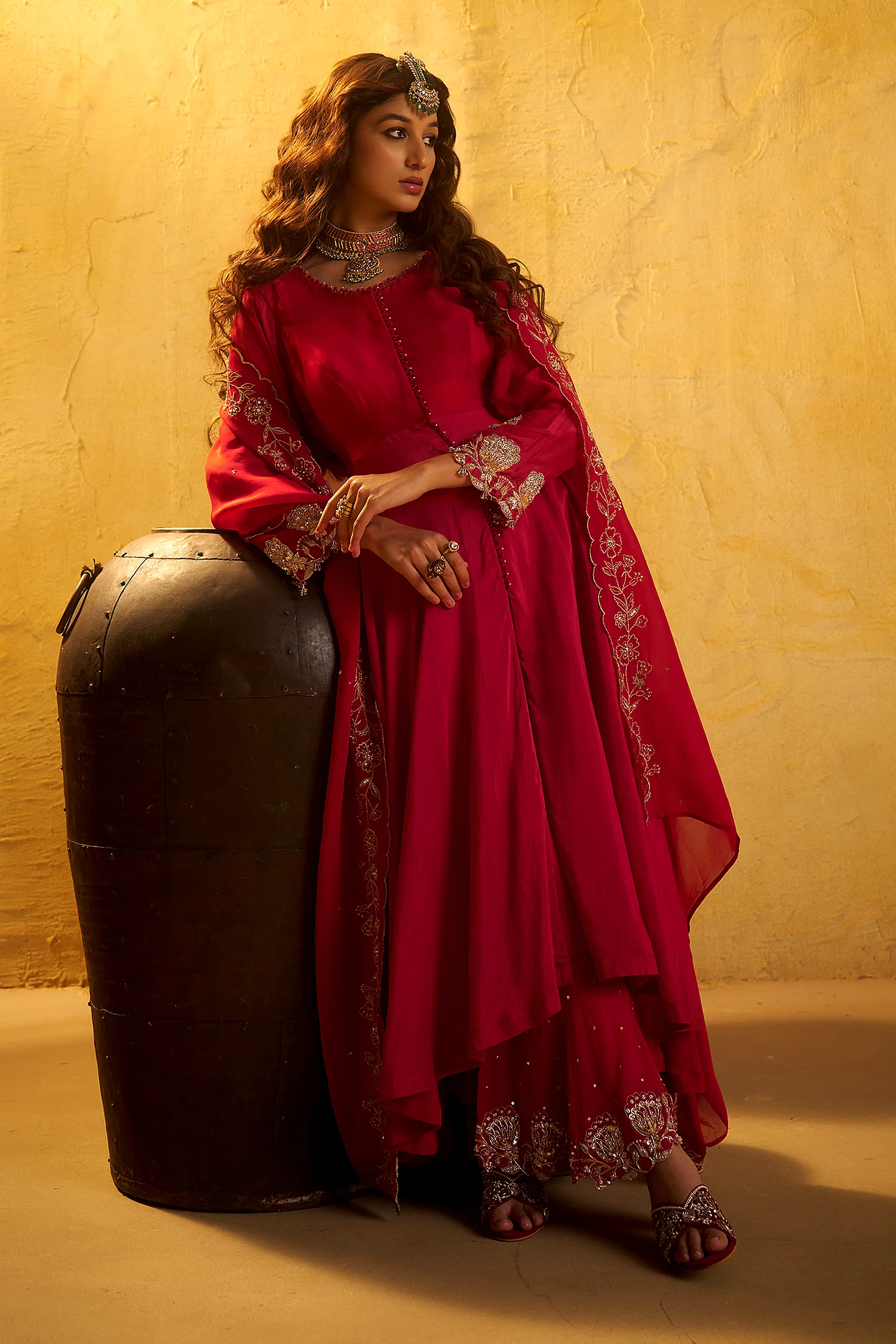 Red Cotton Satin, Cotton, Silk, Organza Embroidery, Hand Anarkali Sharara Set